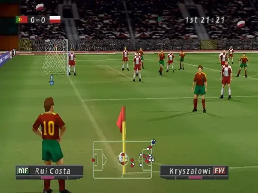 Print colorido do jogo Winning Eleven. O cenário é um estádio de futebol com gráficos 3D da época do PlayStation 1. O placar mostra as bandeiras de Portugal e da Polônia, além do resultado momentâneo do jogo aos 21 minutos do primeiro tempo: 0 a 0. A câmera está posicionada atrás do jogador camisa 10 de Portugal, Rui Costa, que cobra um escanteio. O boneco está parado com as mãos na cintura. É possível enxergar os outros jogadores em campo, os portugueses com uniforme de camisa vermelha e calção verde, euquanto poloneses usam camisas brancas e shorts vermelhos. 