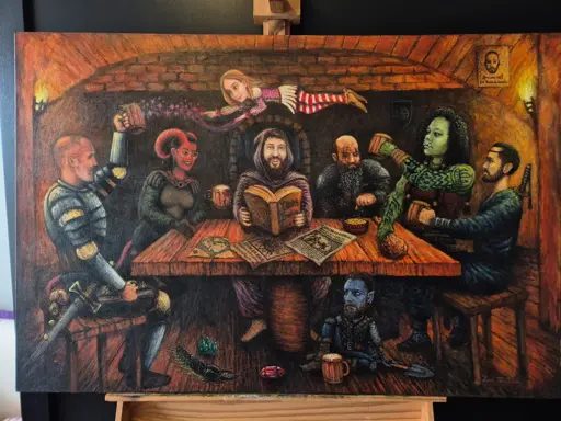 Um grupo de RPG se senta ao redor de uma mesa de madeira em uma taverna medieval iluminada por tochas. 8 personagens representados suas classes através de suas vestimentas e retratando seus jogadores através de uma caricatura.

No centro, o mestre segura um livro com o título "Novas Fronteiras"