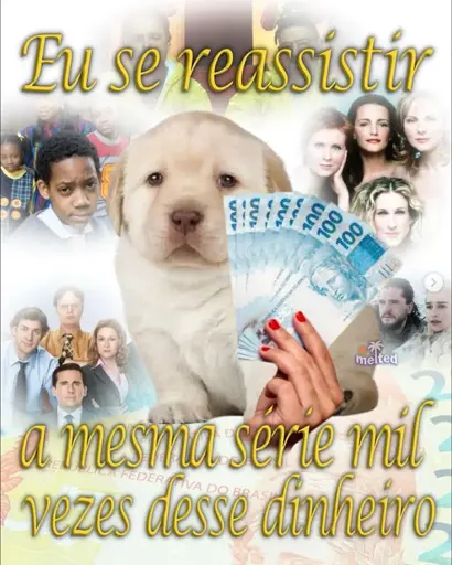 Meme que diz "eu se reassistir a mesma série mil vezes desse dinheiro". No fundo, uma colagem com imagens de várias séries famosas como Breaking Bad, The Office, Todo mundo odeia o Chris, Game of Thrones e Sex and the city. No meio, um cachorrinho com mão de gente segura várias notas de 100 reais.