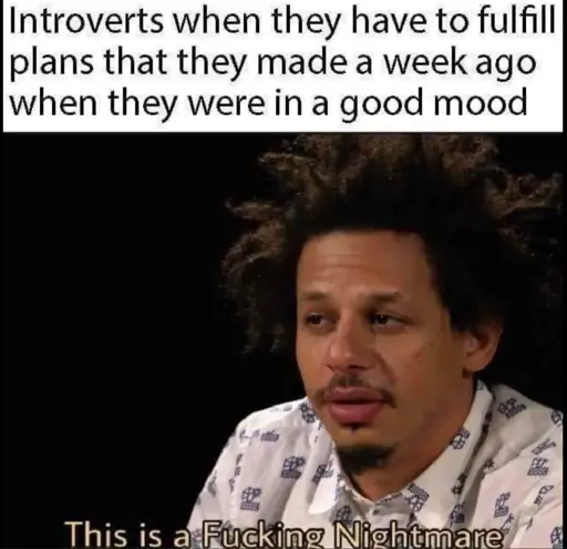 introverts when they make plans in a good mood and now they have to do them a week later. "this is a fucking disaster" Eric and Andrew show 