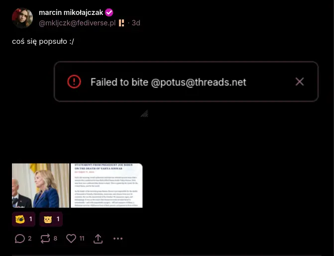 A notification that it failed to bite @potus@threads.net