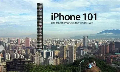 image of an iPhone so tall that it&#39;s bigger than skyscrapers