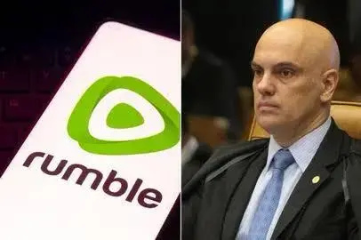  Logo da rede social Rumble ao lado da foto do Ministro do STF Alexandre de Moraes.