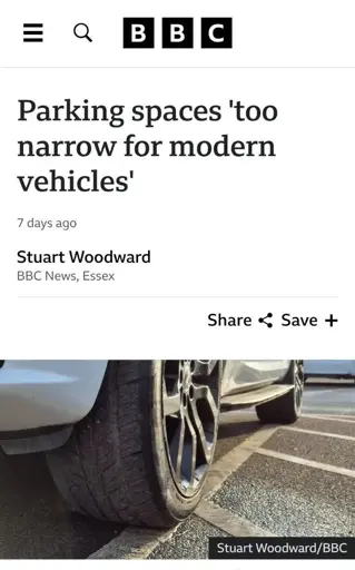 Screenshot di una notizia BBC

Posti auto 'troppo stretti per veicoli moderni'

Foto della riota di un'auto parcheggiata

7 giorni fa Stuart Woodward - Lastu

Notizie della BBC, Essex

Il consiglio comunale di Colchester dice che molti dei suoi spazi sono sottoutilizzati perché sono troppo stretti

