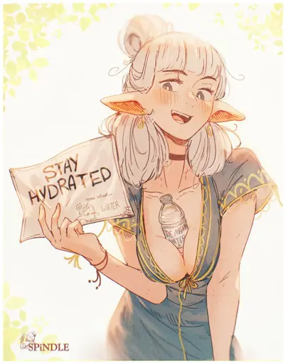 SPiNDLE's half-elf character, Asimov, holding a paper with the text "Stay Hydrated", while a water bottle is snug between her breasts 