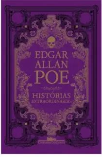 Capa do livro Histórias Extraordinárias, de Edgar Allan Poe. A capa é roxa com ornamentos pretos e douratos nos cantos, com uma estética antiga. No centro, o nome do livro e do autor e, acima deles, uma pequena caveira