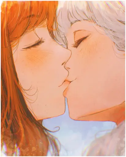 a close-up artwork of Spindle's characters: Ottilie on the left (who has brown/orange hair) kissing Asimov on the right (who has white hair)