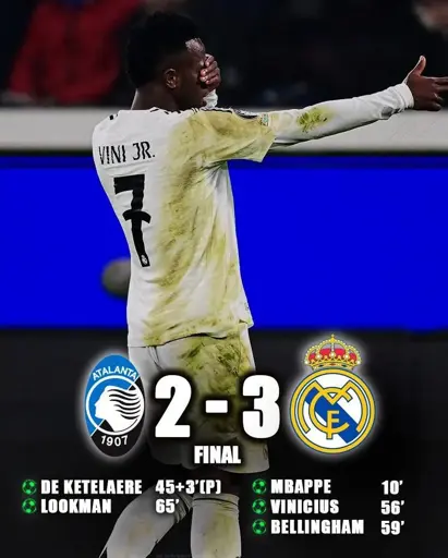 Real Madrid vence a Atalanta com um placar de 3 a 2 em partida pela  Champions League