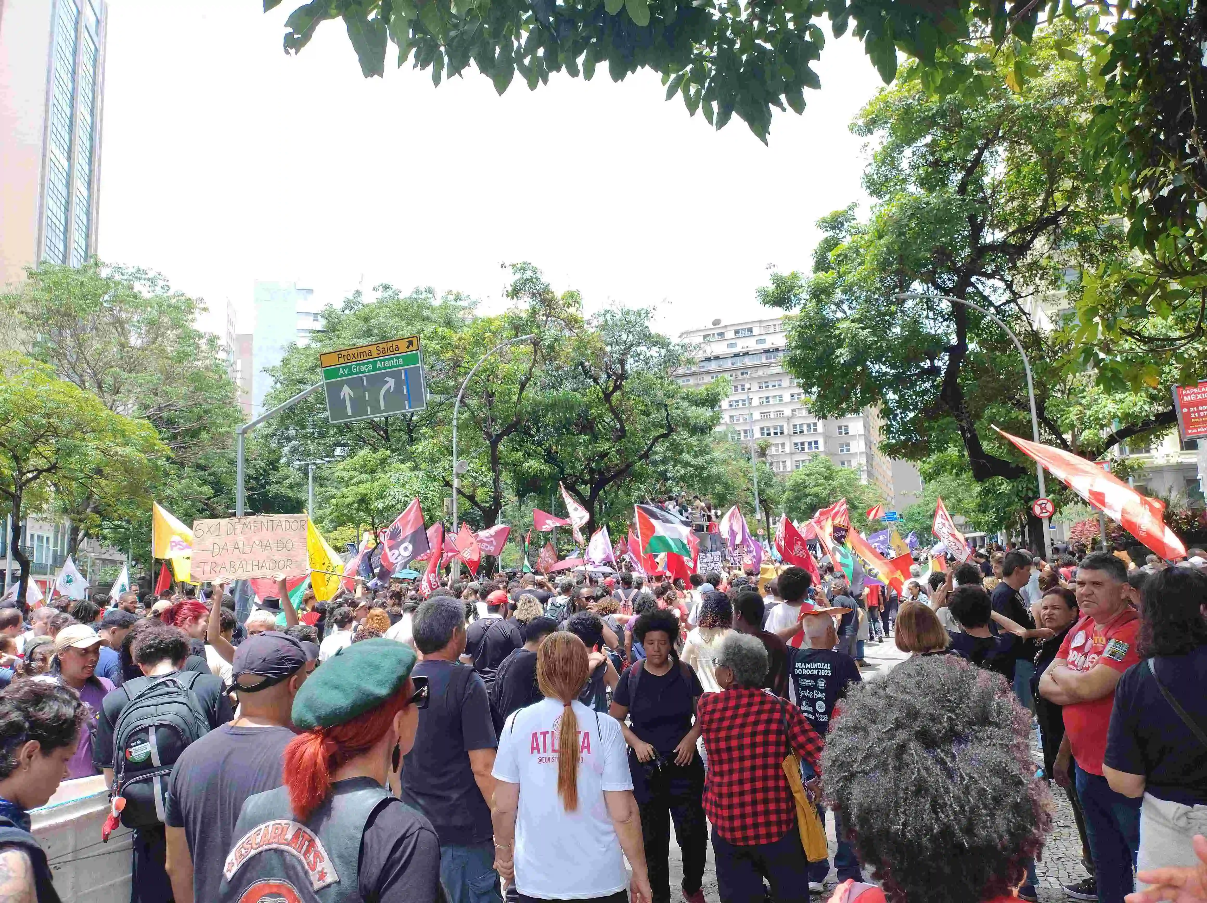 foto mais ampla de uma pequena multidão no meio de uma avenida. quase não se vê o asfalto, mas as pessoas estão relativamente espalhadas. várias bandeiras um pouco distantes, a maioria vermelha, mas uma bandeira da palestina se destaca. árvores e edifícios altos ao fundo