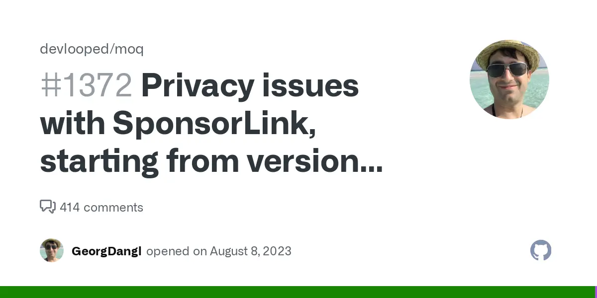 Privacy issues with SponsorLink, starting from version 4.20 · Issue #1372 · devlooped/moq