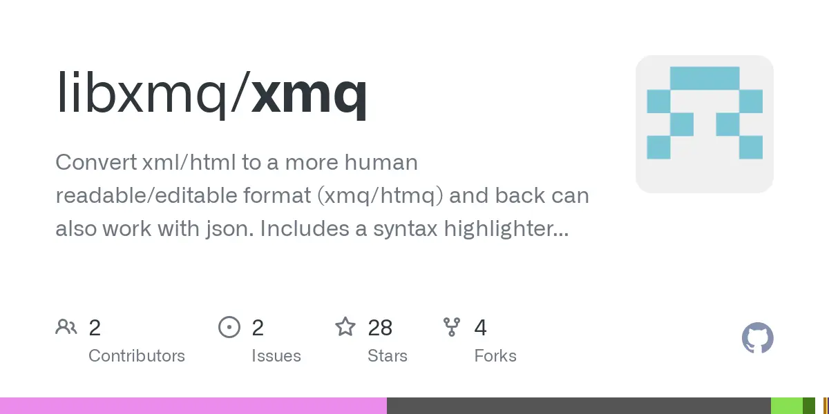 GitHub - libxmq/xmq: Convert xml/html to a more human readable/editable format (xmq/htmq) and back can also work with json. Includes a syntax highlighter and pretty printer, pager and can render to html and tex.