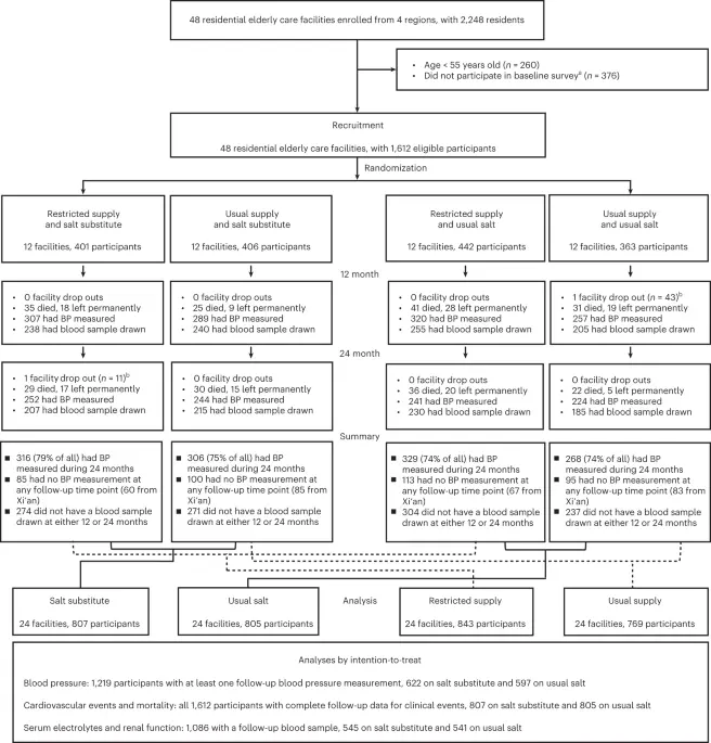 Salt substitution and salt-supply restriction for lowering blood pressure in elderly care facilities: a cluster-randomized trial - Nature Medicine