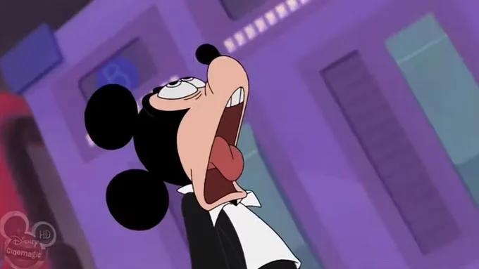 Mickey Mouse looking up with a shocked expression while screaming