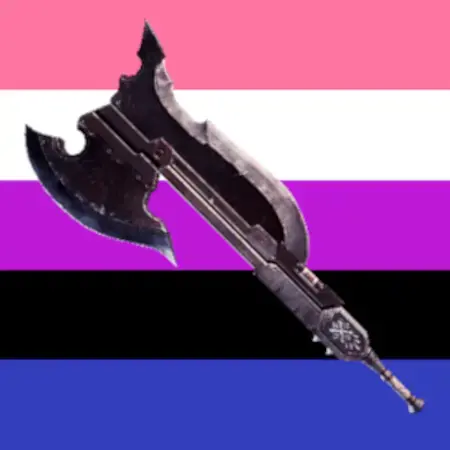An image of the "Monster Hunter" Switch Axe, an axe that can transform into a sword, set on top of the genderfluid flag.