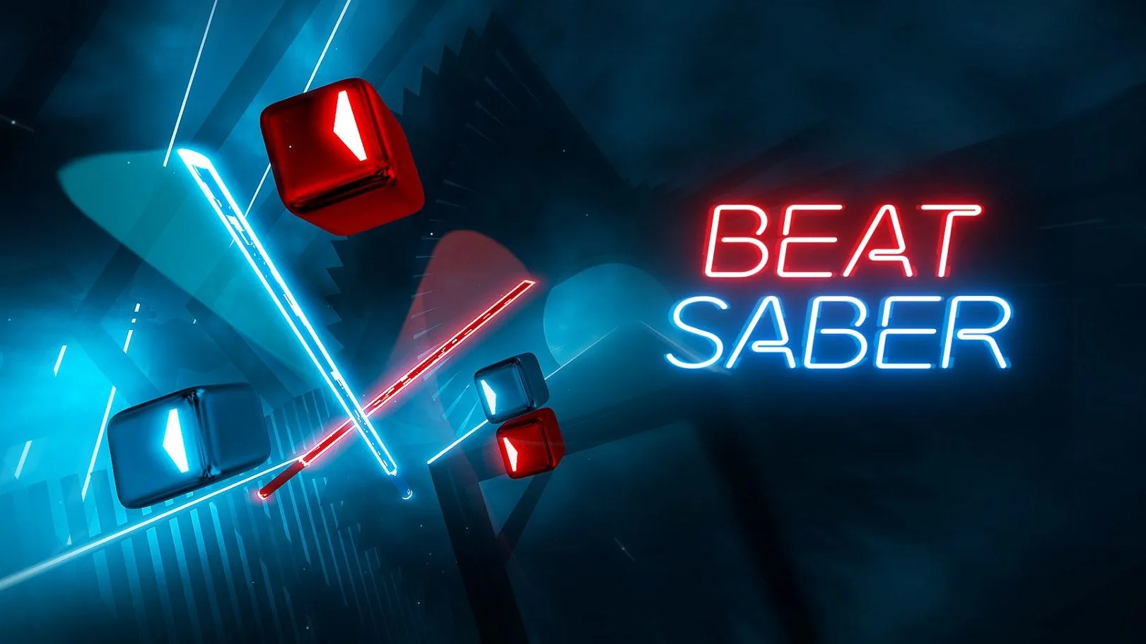 Foto de capa do jogo Beat Saber contendo dois sabres de luz: um azul e outro vermelho; sobrepostos em forma de "X" em meio a cubos com o mesmo esquema de cores contendo setas direcionais ambientado em espaço com formas e padrões tridimensionais abstratos escuro iluminado por luzes artificiais coloridas em azul.