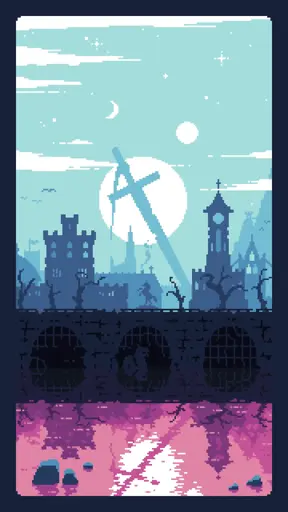medieval landscape, town in front, huge sword in the background, 2 suns and a crescent moon in the sky. the whole scene is reflected in the water. a few monsters lurking in the water