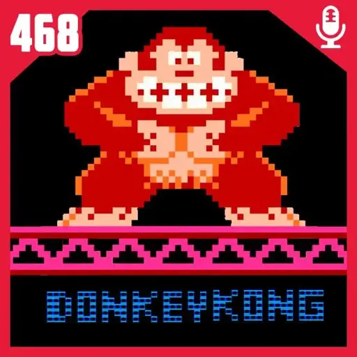 Capa do episódio 468 do podcast Fliperama de Boteco.
Imagem em aspecto 1:1, borda vermelha, mostra o número 468 no canto superior esquerdo, desenho de um microfone estilizado no canto superior direito. No centro, o desenho do Donkey Kong em pixel art, baseado no jogo clássico.