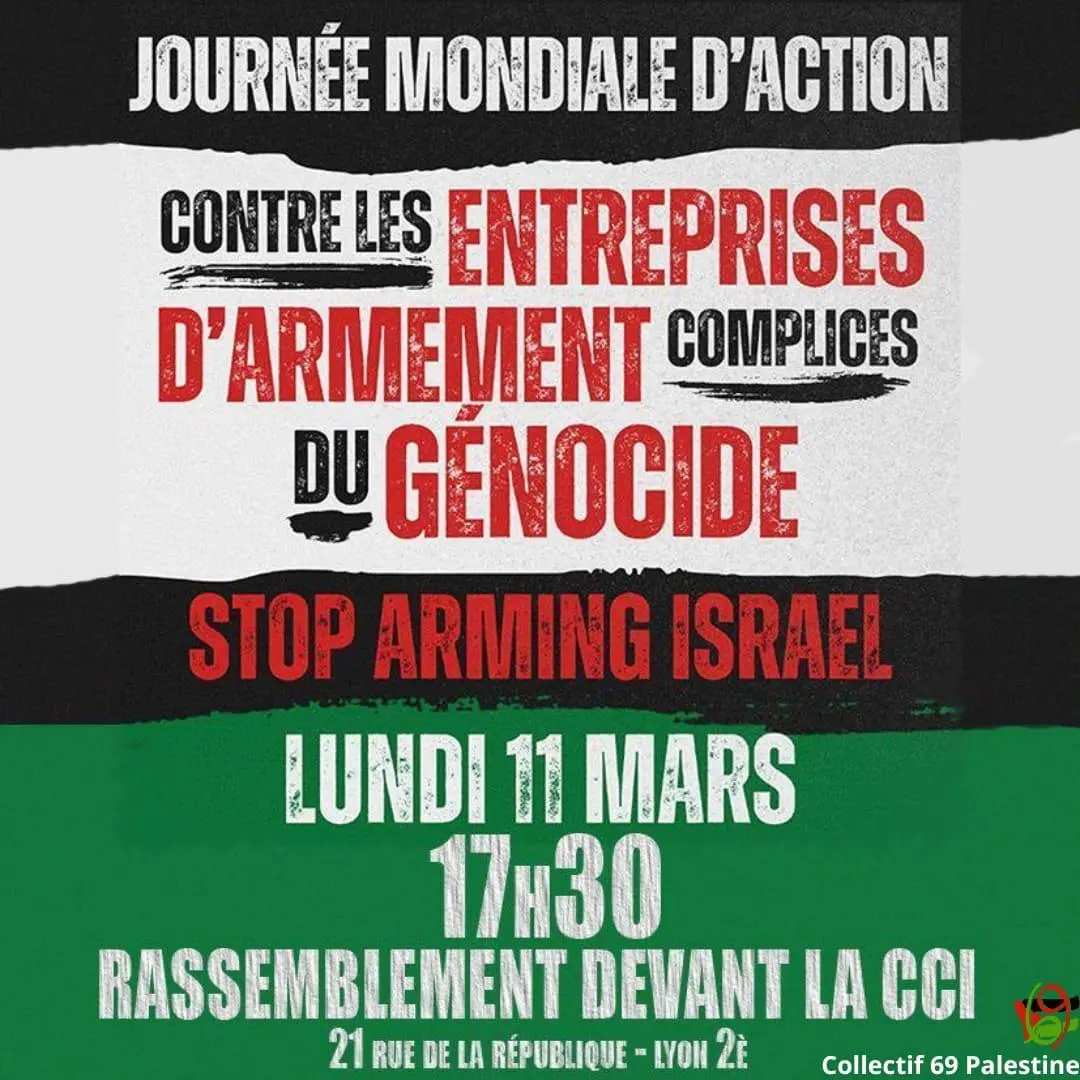 Stop à l'armement du génocide par la France ! Rassemblement lundi 11/03 à 17h30 devant la CCI