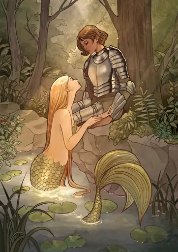 Deep inside a forest, a female knight in silver armour perches on the edge of a rocky ourcrop. At her feet, a golden mermaid raises up from a stream, placing her hand on the knight's and staring adoringly up at her.