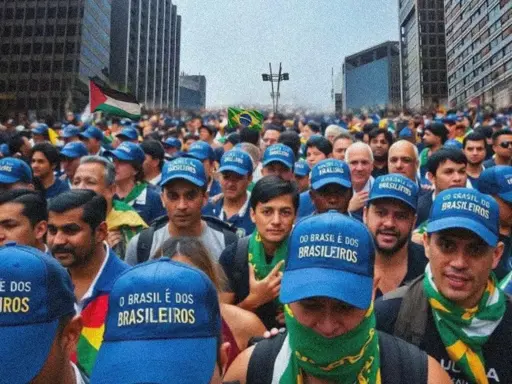 Multidão com boné azul escrito: o Brasil é dos brasileiros.