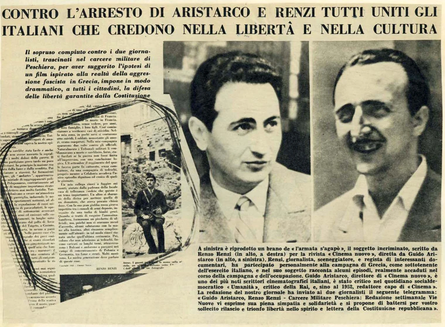 An Italian newspaper segment featuring photographs of Renzo Renzi & Guido Aristarco.