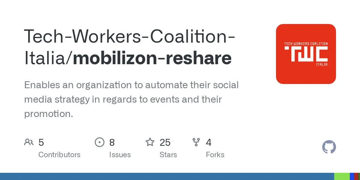 GitHub - Tech-Workers-Coalition-Italia/mobilizon-reshare: Enables an organization to automate their social media strategy in regards to events and their promotion.