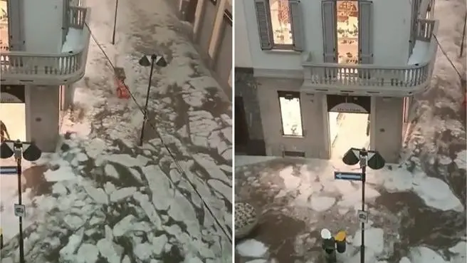 Seregno, un fiume di ghiaccio (a blocchi) invade il corso principale