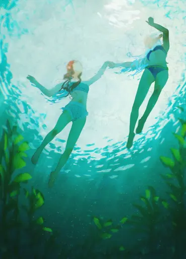 an artwork showcasing two of Spindle's characters; Ottilie (on the left) and Asimov (on the right) swimming in the water. The perspective is bottom-up; green kelp is under them.