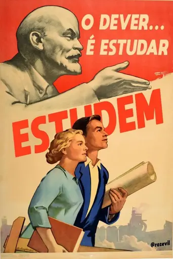 Poster no estilo do Construtivismo Russo exibindo Lênin e uma homem e uma mulher sugurando materiais de estudo com a legenda "O dever... É estudar. Estudem" por @rozevil