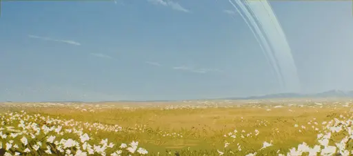 landscape artwork showing sweeping flat plains, patches of white flowers, and distant mountains. the planetary ring can be seen in the sky.  Asimov and Ottile are also in the FAAAAR distance kissing but they're barely visible