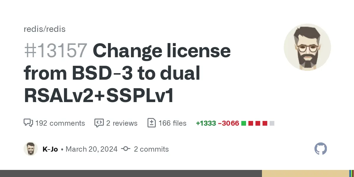 Change license from BSD-3 to dual RSALv2+SSPLv1 by K-Jo · Pull Request #13157 · redis/redis