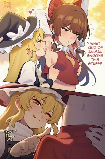 on panel 1, A blonde white witch licks the armpit of a sweaty, brown haired shrine maiden. She asks "What kind of animal enjoys this?" On panel 2, the blonde witch is smiling satisfied while poking the shrine maiden's bulge and saying "You tell me" 