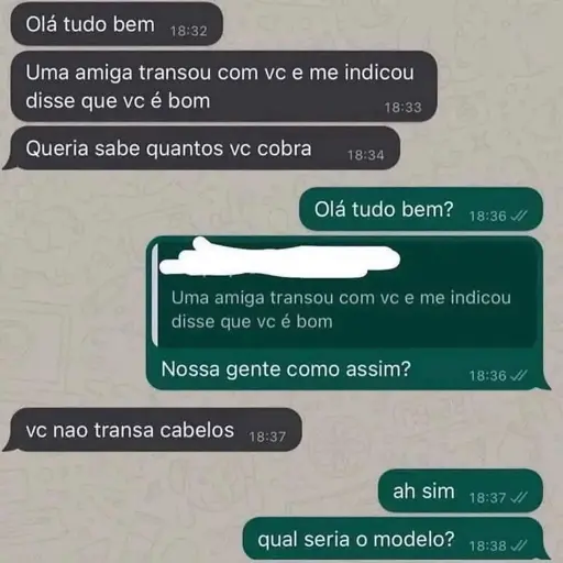 Print do WhatsApp. Na conversa a pessoa 

- Olá tudo bem? Uma amiga transou com você e me indicou, disse que você é bom. Queria saber quantos você cobra.
- Olá tudo bem? Nossa gente, como assim?
- Você não transa cabelos?
- Ah sim, qual seria o modelo?