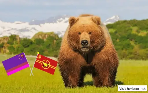 Photo of a very hexagonal real life bear, overlaid with crossed flags of lemmygrad and hexbear, plus the iconic "Visit hexbear.net" image that appeared on the domain parking site when the hexbear.net domain was lost