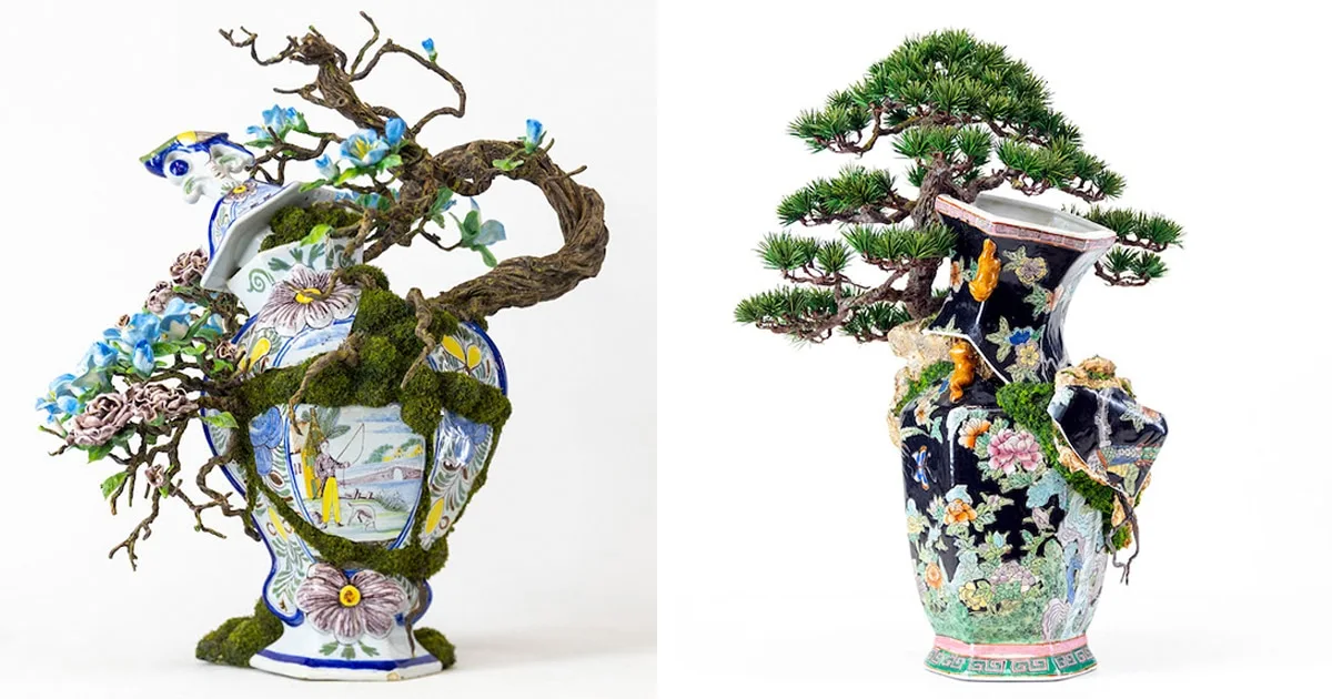 Resilient Bonsai Tree Sculptures Burst Through Porcelain Vessels