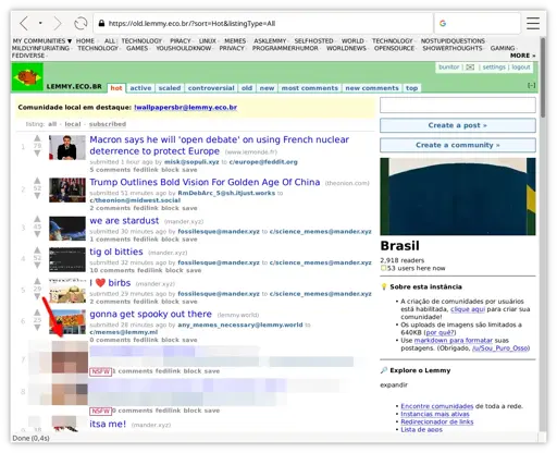 navegador mostrando a interface old do lemmy.eco.br. a listagem é a all (postagens mais populares). dois dos resultados imediatamente visíveis são nsfw (estão censurados)