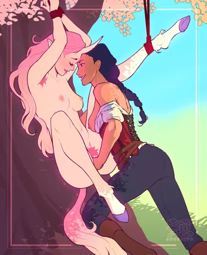 a unicorn and a knight have lesbian bondage sex under a tree