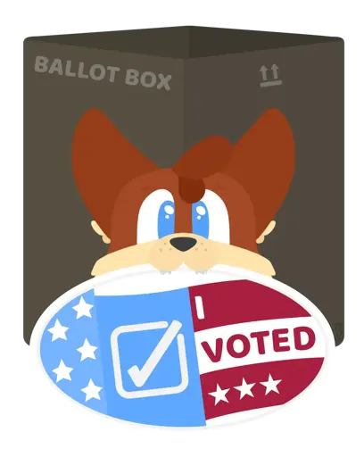 A largely vector art, line less image which showcases the head of Foxfire, an anthro fox with reddish-brown fur, blue eyes, and a cream colored muzzle looking at the viewer. He is biting down on a sticker, with his fangs piercing through it.   The sticker states that the recipient voted. It displays an American flag in an oval design, which has been modified into three sections. The leftmost section is a curled portion of the stars, which coil around the blue fabric. The middle has the stars removed, and instead represents a ballot. The ballot has a box and a check mark through it, showing that it's been filled out. The right side is the red and white stripes, which across them have text which states the recipient voted. A few more stars balance out the text on the right stripes with the middle checkbox.   Behind Foxfire is a cardboard box, which has been jokingly titled the 'ballot box'. This text is on the left side, while on the right side there are two arrows and an underline, which is a symbol which indicates to someone that this direction of the box should be facing upward. It is facing in the correct direction.