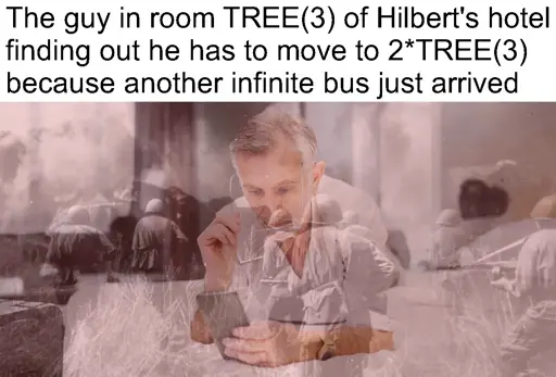 Image of someone in a hotel room looking at their phone in dismay with the caption "The guy in room TREE(3) of Hilbert's hotel finding out he has to move to 2*TREE(3) because another infinite bus just arrived"