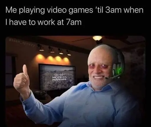 feels the pain harrold has dark bags under his eyes. captioned "Me playing video games till 3am when I work at 7am."