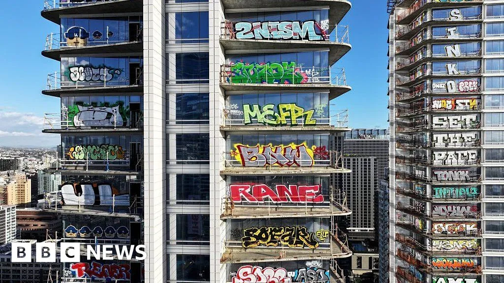 Drone video shows graffiti covering luxury high-rise in LA