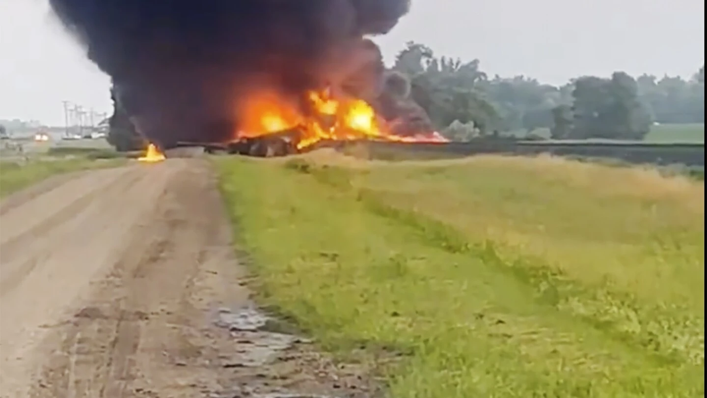 Fiery railcars with hazardous material mostly contained after derailment in North Dakota