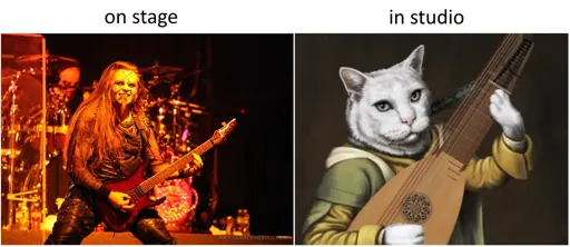 Side-by-side images, the first is labelled "on stage" and shows a guitarist in his full metalhead regalia, the second image is labelled "in studio" and is an old painting of a cat playing a lute