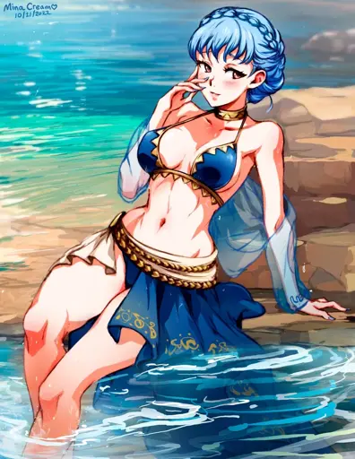 Marianne sits quietly at the water’s edge, her legs slipping into the shallows as the gold-embellished skirt of her swimsuit drifts beneath the surface.  Marianne (Fire Emblem: Three Houses)