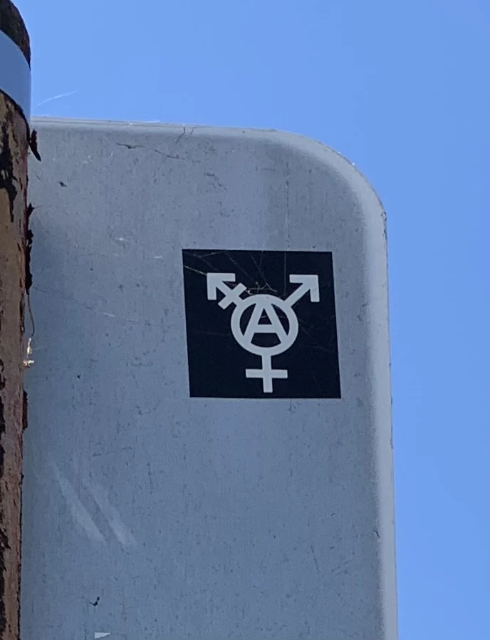 A photo of a black and white sticker on the back of a traffic sign. The sticker has a transgender symbol with an A inside it, representing tranarchy 