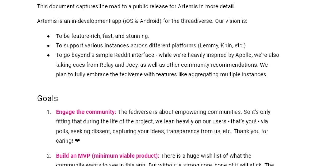 Artemis: Road to v1.0