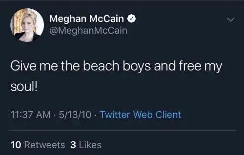 Meghan McCain (a particularly snorting hog of empire) Tweets: "Give me the beach boys and free my soul!" (it's "beat, boys" not "beach boys") also Brian Wilson just died and war with Iran happening making it funnier, upvotes to the side)