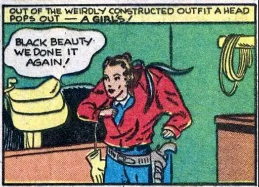 A girl's head pops out of the cowboy-clad body of a headless man