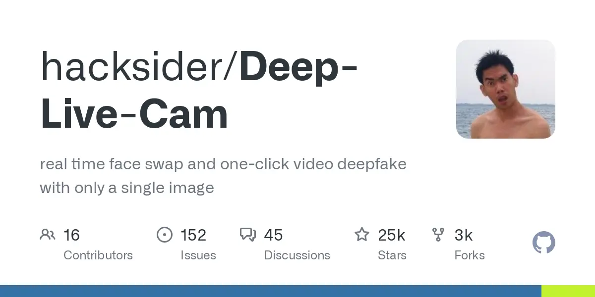 GitHub - hacksider/Deep-Live-Cam: real time face swap and one-click video deepfake with only a single image