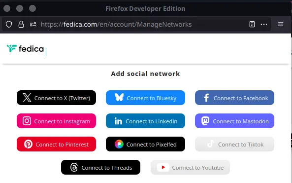 Screenshot of Fedica's supported platforms, with the newest being Pixelfed.